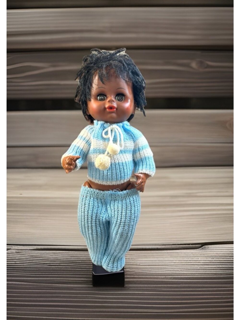 Vintage African American Doll In Crochet 2Pc outfit Hong Kong 13”  Working Eyes
